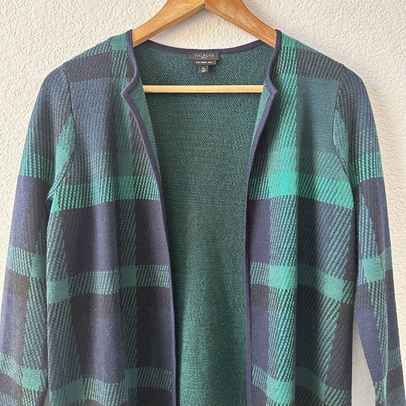 $ 198 Talbots Navy & Green Plaid 100% Pure Merino Wool Open Long Cardigan Size S - Picture 4 of 7